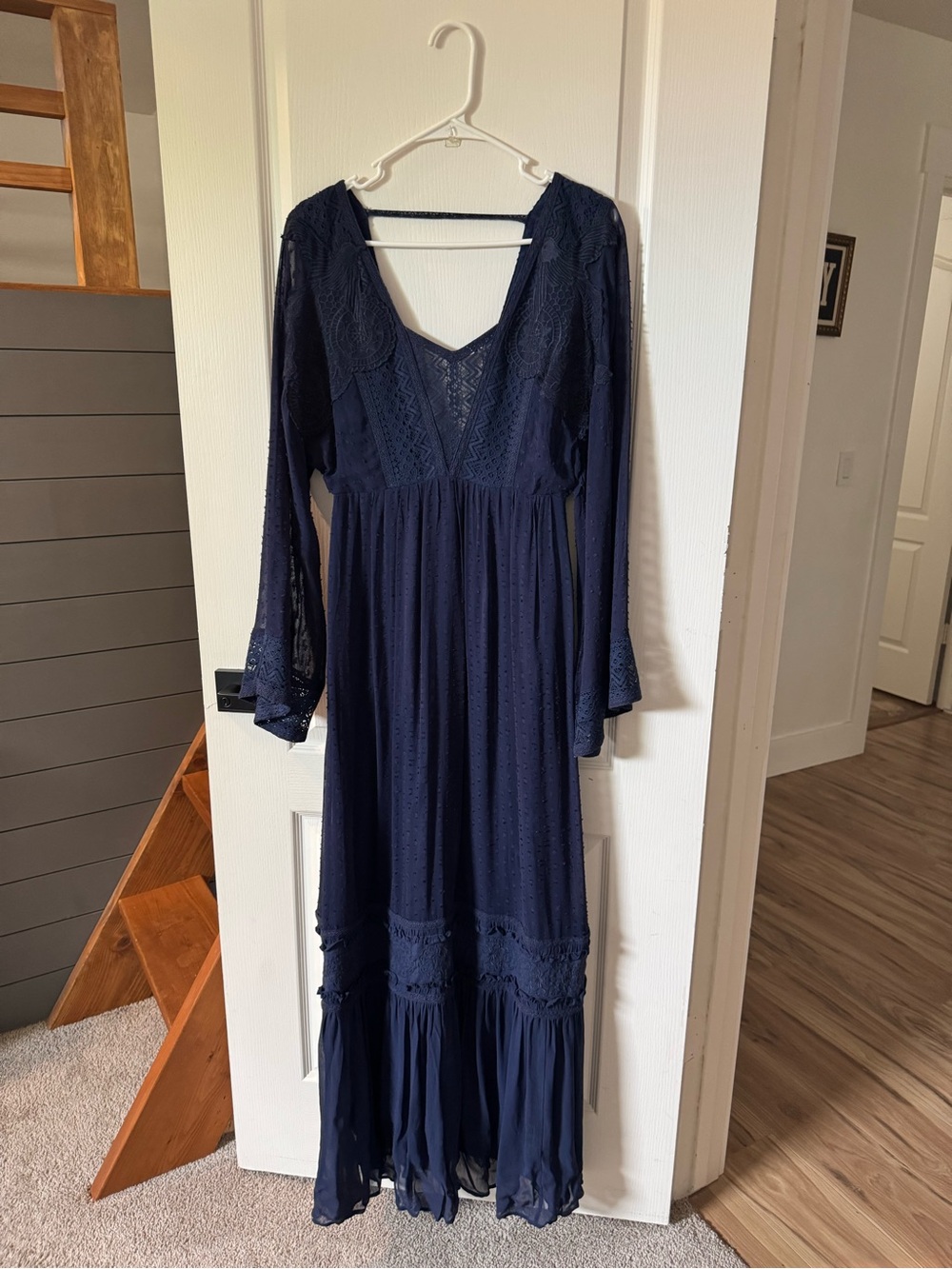 Free People Navy Long Sleeve Lace Maxi Dress